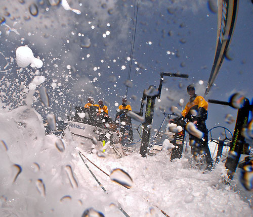 Lots of water running down the deck, onboard Telefonica Blue, on leg 6 of the Volvo Ocean Race, from Rio de Janeiro to Boston. Photo copyright Gabriele Olivo / Telefonica Blue / Volvo Ocean Race.