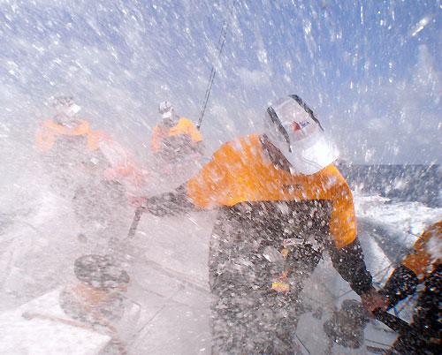 Lots of spray hit the crew of Telefonica Blue, on leg 6 of the Volvo Ocean Race, from Rio de Janeiro to Boston. Photo copyright Gabriele Olivo / Telefonica Blue / Volvo Ocean Race.