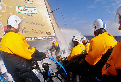 Daryl Wyslang driving the boat fast under Bouwe's control, on leg 6 of the Volvo Ocean Race, from Rio de Janeiro to Boston. Photo copyright Gabriele Olivo / Telefonica Blue / Volvo Ocean Race.