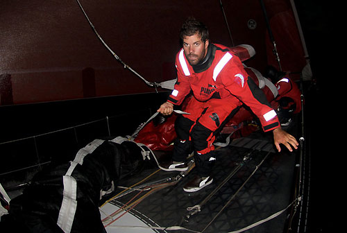 Shannon Falcone during a sail change, onboard PUMA Ocean Racing, on leg 6 of the Volvo Ocean Race, from Rio de Janeiro to Boston. Photo copyright Rick Deppe / PUMA Ocean Racing / Volvo Ocean Race.