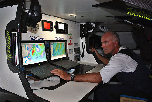 Skipper Bouwe Bekking checking the weather models, onboard Telefonica Blue, on leg 6 of the Volvo Ocean Race, from Rio de Janeiro to Boston. Photo copyright Gabriele Olivo / Telefonica Blue / Volvo Ocean Race.