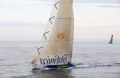 Telefonica Blue currently in third position, is chaesd by PUMA Ocean Racing, approximately 80 miles from the finish of leg 6 in Boston. Photo copyright Rick Tomlinson / Volvo Ocean Race.