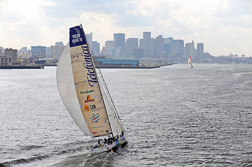 Telefonica Blue, skippered by Bouwe Bekking (NED) finish third on leg 6 of the Volvo Ocean Race, from Rio de Janeiro to Boston, crossing the finish line at 21:23:02 GMT 26-04-2009. Photo copyright Rick Tomlinson / Volvo Ocean Race.
