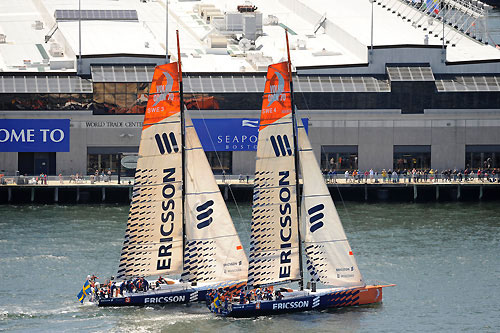 Ericsson 4 and Ericsson 3 in the Boston pro-am race at Fan Pier. Photo copyright Rick Tomlinson / Volvo Ocean Race.