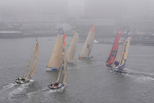 Heavy fog sets in as the fleet head out at the start of leg 7 from Boston to Galway. Photo copyright Rick Tomlinson / Volvo Ocean Race.