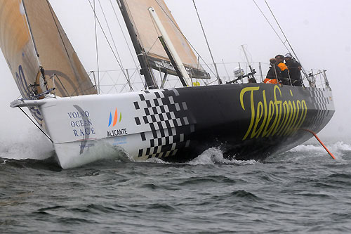 Telefonica Black, skippered by Fernando Echavarri (ESP) at the start of leg 7 from Boston to Galway. Photo copyright Dave Kneale / Volvo Ocean Race.