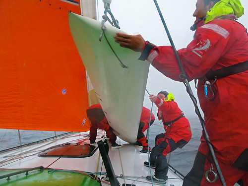 Green dragon sustain dammage to their leeward, port daggerboard, after hitting a lobster pot, during leg 7 of the Volvo Ocean Race from Boston to Galway. Photo copyright Guo Chuan / Green Dragon Racing / Volvo Ocean Race.