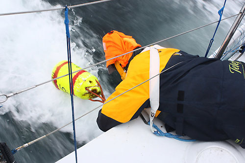 Pablo Arrarte cutting away a fishing buoy, onboard Telefonica Blue, on leg 7 from Boston to Galway. Photo copyright Gabriele Olivo / Telefonica Blue / Volvo Ocean Race.