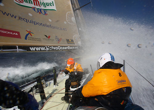 Jordi Calafat and Pablo Arrarte covering themself from an imminent cold shower, onboard Telefonica Blue, on leg 7 from Boston to Galway. Photo copyright Gabriele Olivo / Telefonica Blue / Volvo Ocean Race.