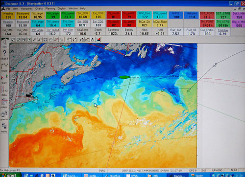 Weather charts showing route, sea temperature and the ice gate, onboard Green Dragon, on leg 7 from Boston to Galway. Photo copyright Guo Chuan / Green Dragon Racing / Volvo Ocean Race.
