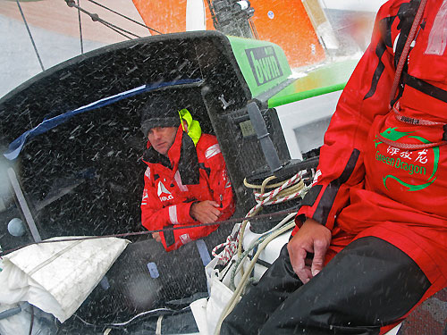Rough weather and cold temperatures, onboard Green Dragon, on leg 7 from Boston to Galway. Photo copyright Guo Chuan / Green Dragon Racing / Volvo Ocean Race.