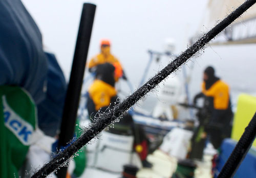 Ice begins to form on the ropes as the temperatures continue to drop, onboard Telefonica Blue, on leg 7 from Boston to Galway. Photo copyright Gabriele Olivo / Telefonica Blue / Volvo Ocean Race.
