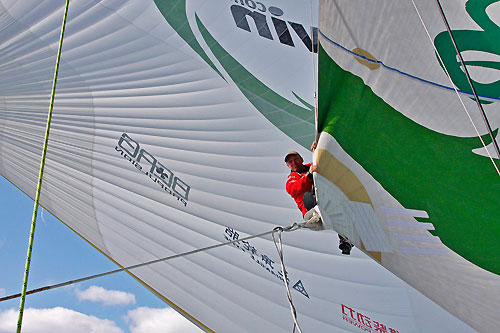 Justin Slattery checks the sails, onboard Green Dragon, on leg 7 from Boston to Galway. Photo copyright Guo Chuan / Green Dragon Racing / Volvo Ocean Race.