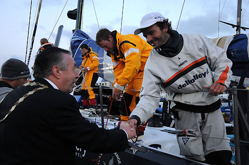 Mayor of Galway Padraig Conneely greets skipper Roberto Bermudez. Delta Lloyd finished fifth on leg 7 from Boston to Galway, crossing the line at 03:39:58 GMT, May 24, 2009. Photo copyright Dave Kneale / Volvo Ocean Race.