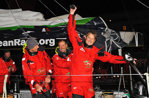 Damian Foxall and Ian Moore (IRE) onboard Green Dragon, skippered by Ian Walker (GBR) finish third on leg 7 from Boston to Galway, crossing the line at 02:31:18 GMT, May 24, 2009. Photo copyright Rick Tomlinson / Volvo Ocean Race.