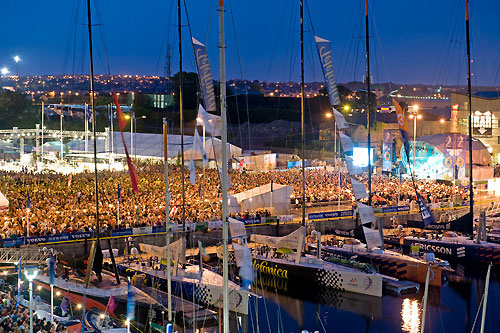 Thousands of people gather in the Galway race village to see live music. Photo copyright Rick Tomlinson / Volvo Ocean Race.