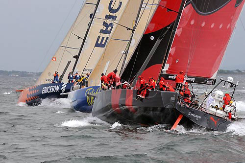 The fleet blast out of Galway Bay with Ericsson 4 in the lead, at the start of leg 8 from Galway to Marstrand. Photo copyright Dave Kneale / Volvo Ocean Race.