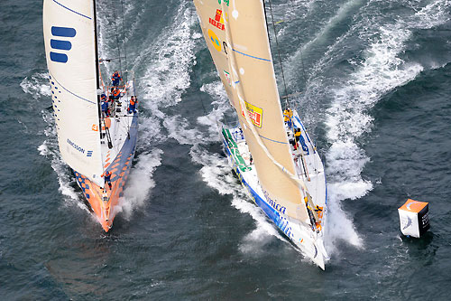 The fleet blast out of Galway Bay with Ericsson 4 in the lead, at the start of leg 8 from Galway to Marstrand. Photo copyright Rick Tomlinson / Volvo Ocean Race.