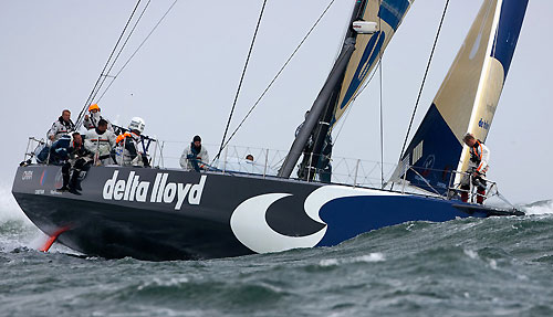 Delta Lloyd, skippered by Roberto Bermudez (ESP), in the Rotterdam Gate Race as the fleet passed by the Netherlands, during leg 8 of the Volvo Ocean Race, from Galway to Marstrand. The gate race course was marked out by two rounding points requiring the fleet to complete a reaching loop. Photo copyright Ronald Koelink / foto-nautiek.nl / Volvo Ocean Race.
