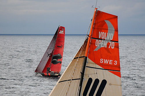 This picture shows how close PUMA Ocean Racing and Ericsson 3 were in their tight battle for first place on leg 9 from Marstrand to Stockholm. Photo copyright Rick Tomlinson / Volvo Ocean Race.