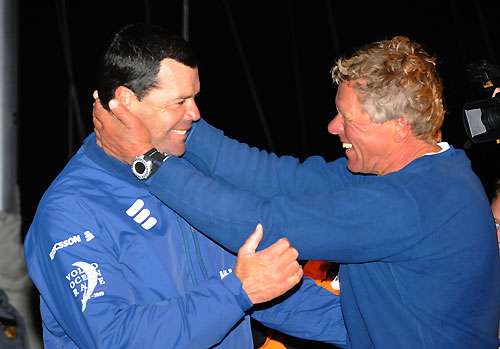 Ericsson 3 skipper Magnus Olsson congratulates Ericsson 4 skipper Torben Grael on coming 3rd in leg 9 and provisional winners for the overall race. Photo copyright Rick Tomlinson / Volvo Ocean Race.