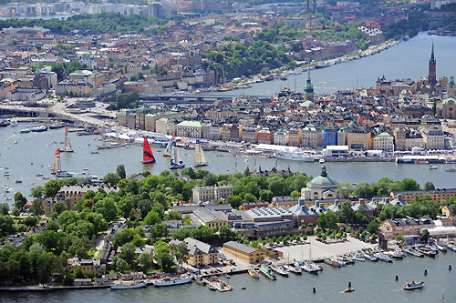 The city of Stockholm, at the end of the City Sprint from Sandhamn, after the finish line of leg 9. Photo copyright Rick Tomlinson / Volvo Ocean Race.