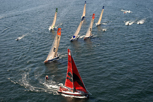 Perfect weather and hundreds of spectator boats turn out, for the Stockholm in-port race. Photo copyright Rick Tomlinson / Volvo Ocean Race.