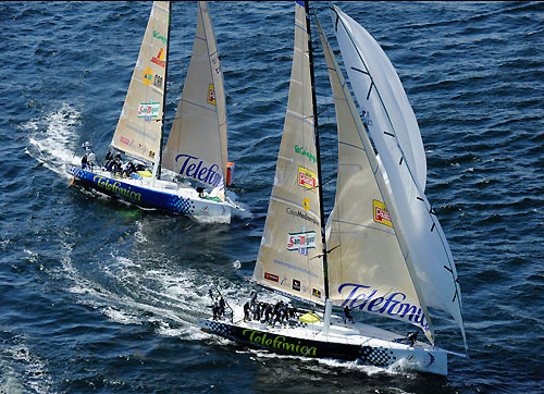 Telefonica Blue, skippered by Bouwe Bekking (NED chase Telefonica Black, skippered by Fernando Echavarri (ESP) in the Stockholm in-port race. Photo copyright Rick Tomlinson / Volvo Ocean Race.