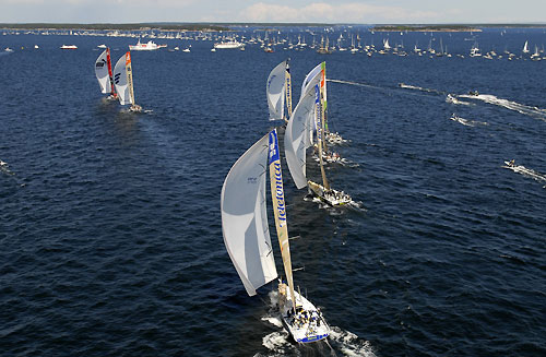 Perfect weather and hundreds of spectator boats turn out, for the Stockholm in-port race. Photo copyright Rick Tomlinson / Volvo Ocean Race.