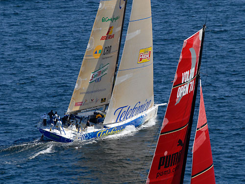 Telefonica Blue, skippered by Bouwe Bekking (NED) finish first in the Stockholm in-port race. Photo copyright Rick Tomlinson / Volvo Ocean Race.