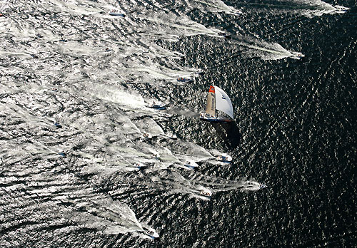 The local Magnus Olsson fan club chase Ericsson 3, skippered by Olsson (SWE) during the Stockholm in-port race. Photo copyright Rick Tomlinson / Volvo Ocean Race.