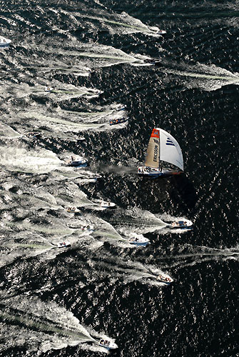 The Magnus Olsson fan club chase Ericsson 3, skippered by Olsson (SWE) during the Stockholm in-port race. Photo copyright Rick Tomlinson / Volvo Ocean Race.