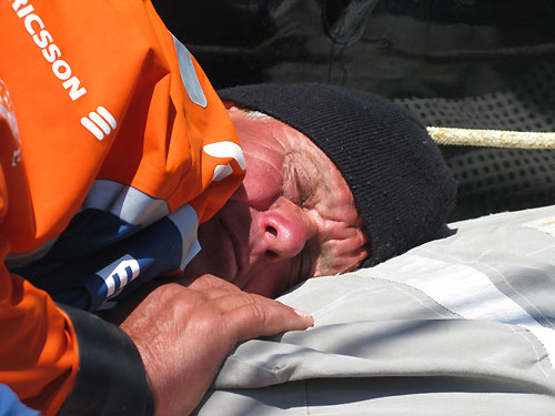 A tired Magnus Olsson catching up with some sleep as best as he can, onboard Ericsson 3, on leg 10 from Stockholm to St Petersburg. Photo copyright Gustav Morin / Ericsson 3 / Volvo Ocean Race.