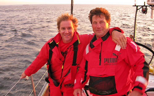 Skipper Ken Read (USA) and Jerry Kirby (USA) celebrate finishing leg 10 from Stockholm to St Petersburg. Photo copyright Rick Deppe / PUMA Ocean Racing / Volvo Ocean Race.