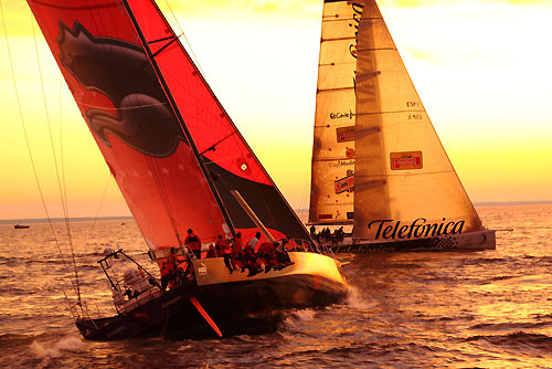 Telefonica Black, skippered by Fernando Echavarri (ESP) finish first on leg 10 in St Petersburg, crossing the line at 00:41:25 GMT. Close behind were PUMA Ocean Racing, skippered by Ken Read (USA) taking second, crossing the line at 00:42:48 GMT. Photo Photo copyright Jiang Yongtao / Volvo Ocean Race.