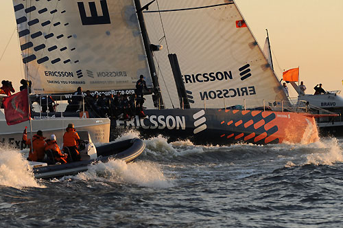 Overall race winners Ericsson 4, skippered by Torben Grael (BRA) finish fifth on leg 10 in St Petersburg, crossing the line at 01:31:49 GMT. Photo copyright Dave Kneale / Volvo Ocean Race.
