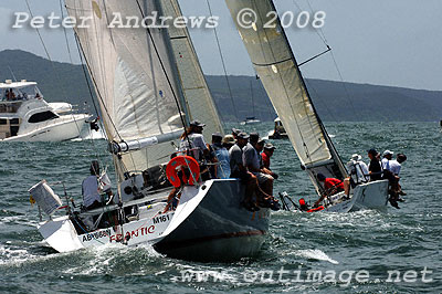 Michael Martin's Sayer 11.9 LMR Frantic chasing Bruce Eddington's Mumm 30 K2 after the start of the Pittwater to Pittwater Ocean Race 2008.