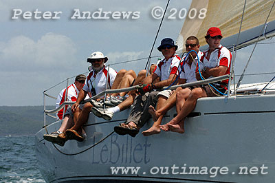 Out on the rail of Bill Ebsary's Le Billet after the start of the Pittwater to Pittwater Yacht Race 2008.