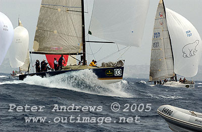 Lang Walker's Kokomo, surfing the moderate Sydney swell, just before the finish of the final race of the 2005 Rolex Farr 40 Worlds.