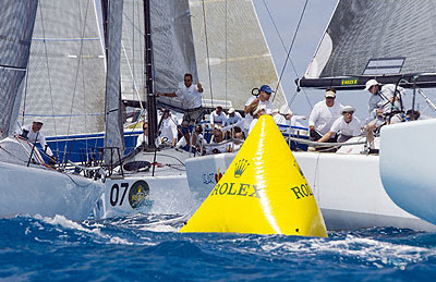 Fleet at the windward mark at the 2008 Rolex Farr 40 Pre-Worlds Series.