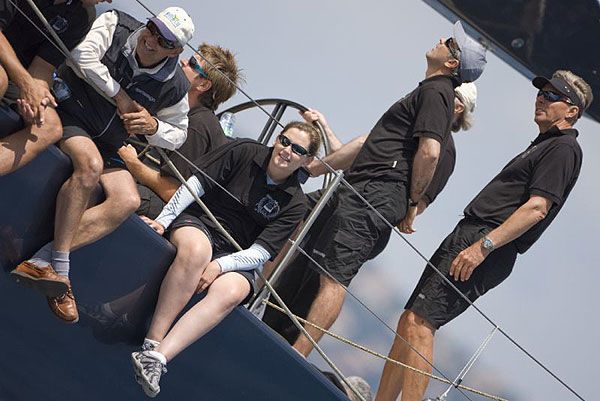 Claire Leroy and Jochen Schuemann sailing onboard Thomas Bscher's Open Season off St Tropez during the Giraglia Rolex Cup 2008.
