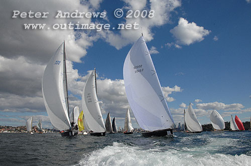 Bob Steel's TP52 Quest ahead of Michael Hiatt's Cookson 50 Living Doll from Victoria (left) and Graeme Wood's JV52 Wot Now (centre) after the start of the 2008 Sydney to Gold Coast Yacht Race.