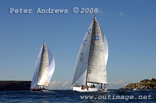 A duel of two TP52's approaching the heads. Bob Steel's Quest ahead of Syd Fischer's Ragamuffin, after the start of the 2008 Sydney to Gold Coast Yacht Race.