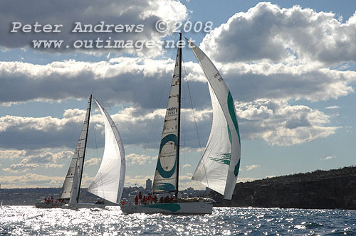 Ray Roberts' Cookson 50 Quantum Racing and Bob Oatley's Reichel Pugh 66 Wild Oats X approaching the heads after the start of the 2008 Sydney to Gold Coast Yacht Race.