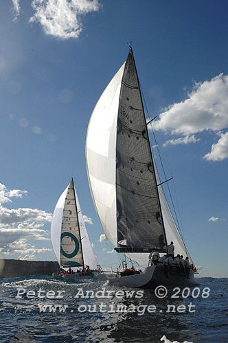 Ray Roberts' Cookson 50 Quantum Racing outside the heads and ahead of Geoff Boettcher's Reichel Pugh 47 Secret Mens' Business 3, after the start of the 2008 Sydney to Gold Coast Yacht Race.