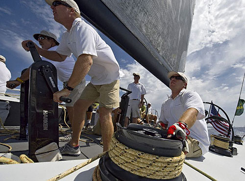 Training onboard Jim Swartz's Moneypenny, ahead of the start of the Maxi Yacht Rolex Cup 2008. Copyright Rolex and Kurt Arrigo.