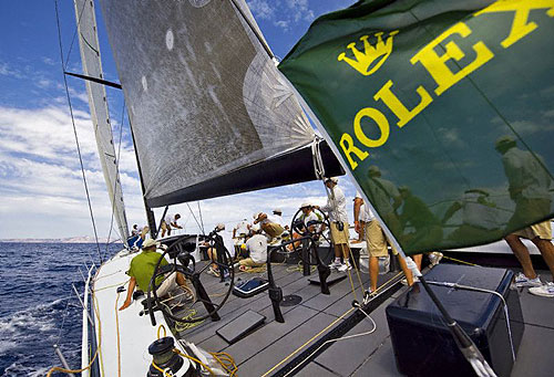 Onboard Jim Swartz's Moneypenny, ahead of the start of the Maxi Yacht Rolex Cup 2008. Copyright Rolex and Kurt Arrigo.