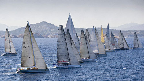 A bird's eye view of the starting line of Race 1, during the Maxi Yacht Rolex Cup 2008. Copyright Rolex and Kurt Arrigo.