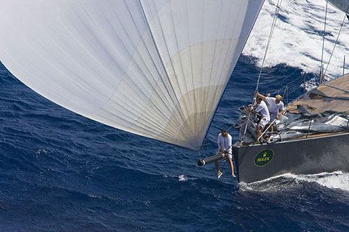 Riding the bow on Jean-Charles Decaux's J One, winner of Race 4 in the Maxi Yacht Rolex Cup 2008.  Copyright Rolex and Daniel Forster.