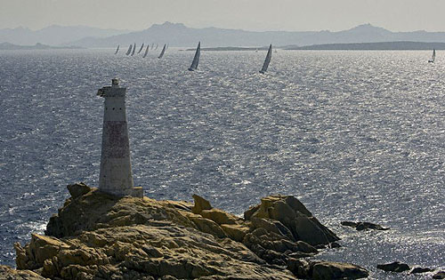 The fleet on an island course during the Maxi Yacht Rolex Cup 2008. Copyright Rolex and Kurt Arrigo.